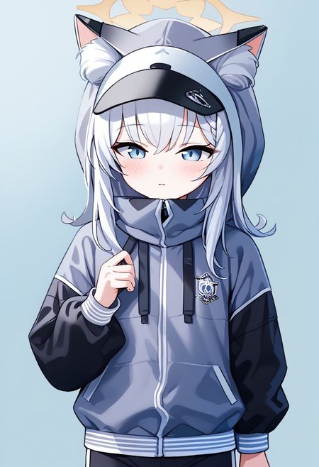 score_9, score_8_up, score_7_up, upper body blue_eyes, orange_hair, braid, long_hair, flat_chest, halo, hair_flower, animal_ear_fluff, gym_long pants,blue_pants,track_jacket, blue_jacket, white_hairband Mari_(Blue_Archive),Mari_(Blue_Archive), upper bodyblue eyes, fake animal ears, bangs, grey jacket, long sleeves, black shorts, bike shorts, hood, hood up, ears through headwear, visor cap
