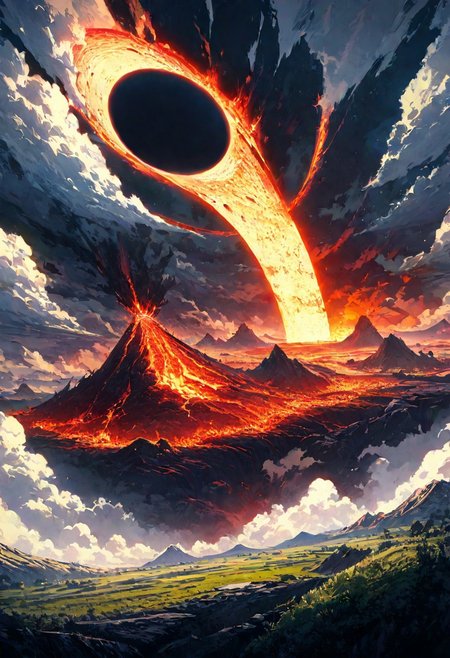 A haven for Earth, detailed landscape, captivating, fantastic, great lighting, Nature, grasslands, mountain, Annular Solar Eclipse, Caldera eruption, Lava River,( from above),  double exposure, beautiful view, mysterious glow, beautiful clouds, depth of field, masterpiece, best quality, 8k, ultra-detailed, very aesthetic, illustration, superb composition, finest details, , intricate details, absurdres, high contrast, RAW, concept art,