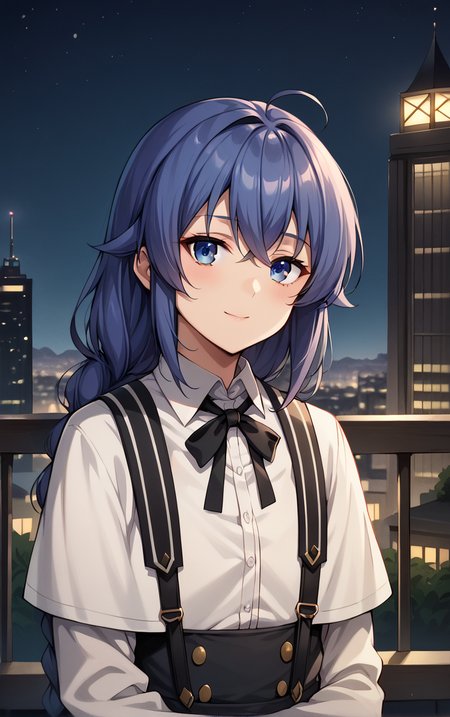 score_9, score_8_up, score_7_up, BREAK
Shirt_RoxyMigurdia_ownwaifu, 
1girl, blue eyes, blue hair, roxy migurdia, hair between eyes, braid, long hair, twin braids, crossed bangs, bangs, long sleeves, white shirt, collared shirt, dress, white capelet, white dress, capelet, shirt, black ribbon, black skirt, suspenders, long braid, neck ribbon, sidelocks,
(standing, arm_support), railing, cityscape, night, city, city lights, scenery, starry sky, vanishing point, outdoors, <lora:PONYXL_MushokuTensei_RoxyMigurdia_ownwaifu:0.8> , depth of field, solo,