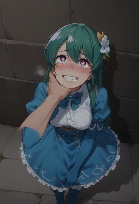score_9, score_8_up, score_7_up, source_anime, masterpiece, 4k, high quality, (best quality:1.1), minakami, green_hair, long_hair, red_eyes, blue_gloves, elbow_gloves, long_sleeves, blue_dress, hair_ornament, blue_bowtie, jewelry, thigh_boots, blue_footwear, dark ally, against wall, above view, looking up, shadow over face, scared smile, wide eyes, cowering, heavy breathing, hot breath, night, low light, street lights, looking at viewer, pov, chin grab,, grin, heart shaped pupils, tears, drooling, [:heart1shape-eye:0.5], viewer grabbing throat, monster hand, chocking,