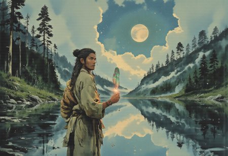 Under a serene moonlit sky, a young man in simple robes stands at the edge of a still, forest-ringed lake, his back to the viewer. His long hair brushes the water, mirroring his image perfectly. Clasping an iridescent feather that emits a soft, ethereal glow, his pensive expression suggests a profound question silently posed to the universe. The trees stand motionless, as if holding their breath for an answer. The glassy water reflects the scene, emphasizing the deep silence. A low-hanging moon casts a silver glow, while distant stars add to the atmosphere of anticipation and introspection. The faintest sounds of nocturnal creatures and lapping water underscore the peaceful yet tense silence, heavy with the unspoken question.