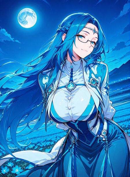 <lora:Ruo_Ling__Battle_Through_the_Heavens__Illustrious:1>
1 girl, solo, blue eyes, very long hair, blue hair, french braid, half updo, 
dress, long skirt, long sleeves, bottons, circlet, jewelry, glasses, semi-rimless eyewear,  
score_9, score_8_up, score_7_up, very aesthetic, source_anime, detailed, high quality, beautiful, masterpiece, detailed eyes, field, blurry background, pose dynamic angle, upper body, cowboy shot, light smile, floating hair, half-closed eyes, hands behind back, leaning forward, looking forward, looking at viewer, night, blue sky, blue moon, <lora:iLLMythG0thicL1nes:1>