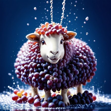 sheep hair made of grapes, splash water, flashing particles, depth of field, clean background, made from grapes