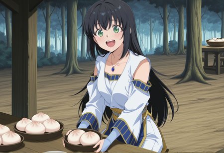 anime screencap, anime screenshot, anime coloring, 1girl, solo, outdoors, forest, black hair, long hair, pendant, green eyes, white dress, long sleeves, wide sleeves, detached sleeves, bare shoulders, bridal gauntlets, sitting, smile, baozi, upper body, happy, tavern <lora:viki_illus:1>, masterpiece, best quality, amazing quality, very aesthetic, absurdres, highres, newest