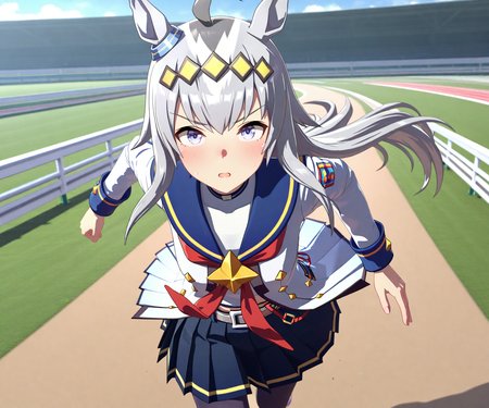 masterpiece, best quality, amazing quality, , 1girl, solo,  racetrack, running,  <lora:Oguri Cap in game style 3D ILL-v2:1> ummsmingame, 3d, oguri cap \(umamusume\),