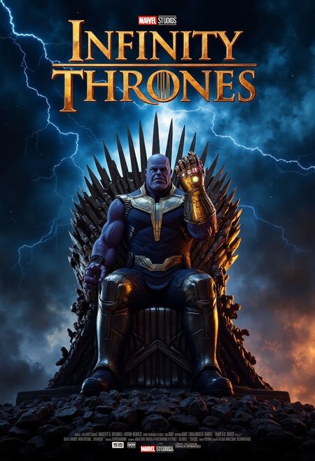 a movie poster titled "Infinity Thrones", envision Thanos standing powerfully in front of the Iron Throne, his massive, armored form dominating the scene. The Iron Throne itself is reimagined with the jagged, metallic swords entwined with pieces of shattered Infinity Stones embedded in the blades, glowing faintly in their respective colors. Thanos wears the Infinity Gauntlet, with the Stones shining brightly, as he reaches towards the throne, symbolizing his desire for absolute power. In the background, a stormy sky looms, with lightning crackling through dark clouds, reminiscent of both epic fantasy and cosmic battles. The title "Infinity Thrones" is emblazoned at the top with a big text in a fusion of Marvel Studios futuristic font and Game of Thrones’ medieval style, blending the two worlds seamlessly. 
mvpstrCE style,