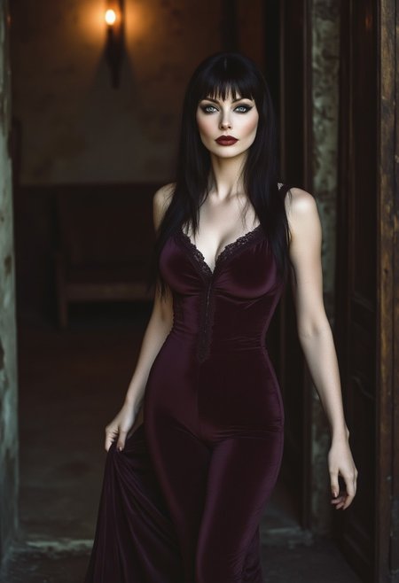 FictionalFreya, grey eyes,black hair,large breasts. in a dark purple sundress in a dimly lit castle hallway