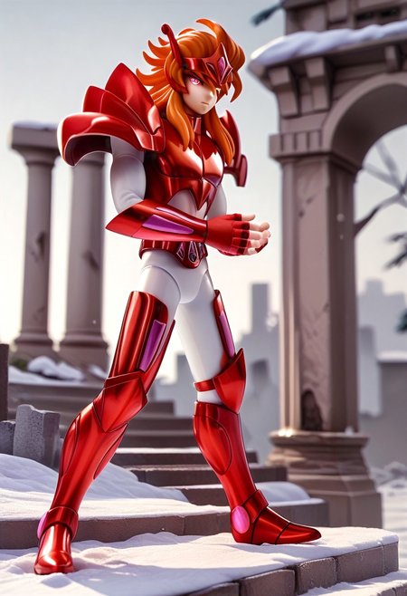 score_9, score_8_up, score_7_up, FMW1, painterly, vibrant details, (gradient eyes:1.4), full body view, 1boy, male focus, slender figure, benetmime, long wavy orange hair, slender figure, red circlet, pink eyes, red armor, red pauldrons, white sleeves, red vambraces, red fingerless gloves, red belt, white pants, red greaves, holding harp, outdoors, ruins, snow, shiny armor, leaning against a pillar