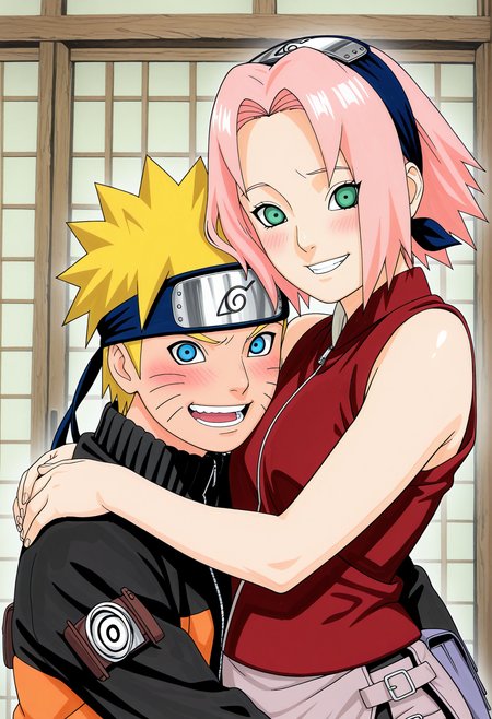 amazing quality,very aesthetic,absurdres,best quality,newest,masterpiece,4k resolution, absurdres, highres, detailed background, 
1girl , haruno sakura,small breasts, looking at viewer, konohagakure symbol, red vest, , <lora:Haruno_Sakura_il2:1> konohagakure symbol, 1boy, uzumaki naruto, hug, blush, smile, open mouth,