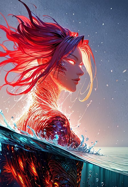 (score_9, score_8_up), score_7_up, zPDXL, solo, <lora:MythAnim3Style:0.8>, MythAn1m3,  source_anime, 1girl, mermaid, dark mysterious backgroud, Iridescent eyes, aquatic scene, dreamlike atmosphere, mystical, ethereal light, detailed textures, whimsical, rippling, dripping, water element, very long cascading hair, water, very beautiful, sexy, sexy body, beautiful body, scales, wet body, Iridescent scales, bubbles, water drops, Iridescent skin, multi colored eyes, partially underwater shot, watce, bioluminescent skin, bioluminescent, glowing, bioluminescent scales, bioluminescent hair,  FastNegativeV2, laser light clothes, submerged breast, water line on lense, view from under water, light hair