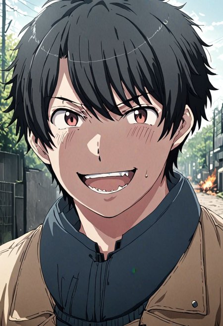 high resolution, solo, best quality, 1Boy, Inaho Kaizuka, Black Hair, portrait, looking at viewer, angry, smile, outdoor, OverallDetail