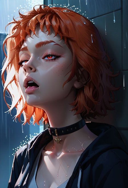score_9, score_8_up, score_7_up, source_anime, 1girl, 21 year old, detailed face, jawline, collarbone, collar, lustful eyes, smooth skin, freckles, beautiful eyes, choker, red eyes, redhead, straight combed hair, plunging neckline, straight hair, hoodie,  raining, moonlight, close up, bob,double vaginal, from behind,  1girl,  2boys, orgasm_face