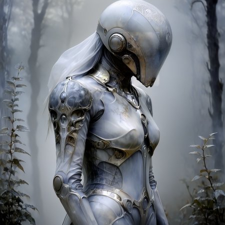 <lora:Ethereal_Gothic_EleganceSDXL:1> Ethereal Gothic Elegance, The image is a digital art piece that appears to be a representation of a futuristic or sci-fi character. The character is standing in a foggy or misty environment with trees and bushes in the background. The figure is wearing a large metallic helmet with a unique design on its head and body. The helmet is covered in intricate patterns and designs with a large eye in the center and a small nose and mouth. The body of the figure is also covered in a layer of fog or mist giving it a mysterious and eerie appearance. The overall mood of the image is eerie and mysterious., solo, upper body, tree, helmet, armor, from side, fog, profile, 1girl, realistic