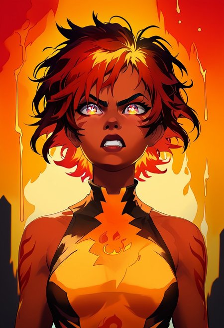 score_9, score_8_up, score_7_up, TKMND, ARKN2, volumetric lighting, portrait, face focus, cel shading, face adorned with shadows, 
BREAK
1girl, short hair, red pupils, fire mage, fiery hair, messy hair, dark red hair, leotard, gold patterns on leotard, angry face, sparkling eyes, arcane energy, lava dripping down face, dripping lava, flames in background, flames accentuates features,