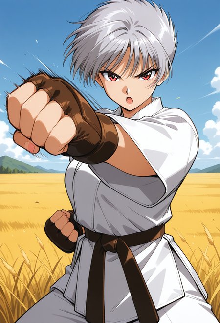 houjyou_torami, red eyes, grey hair, short hair, dougi, karate wear, black belt, martial arts belt, fingerless gloves, <lora:asuka120_houjyou_torami_illustrious_ver1:0.8> 
serious, open mouth, attack, (punching:1.4),, masterpiece, best quality, general,, 1girl, solo, (field:1.2), (blue sky:1.2), looking at viewer,