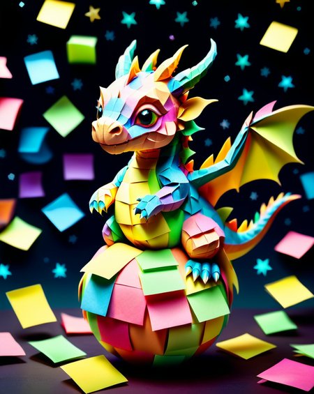 a small colorful cute baby dragon with tiny scales made out of Jed-StickyN, dynamic pose, dynamic angle, dark fantasy, intricate details, ultra wide shot, zoomed out, standing on a ball,
<lora:StickyNotesStyle:1>,  <lora:add-detail-xl:0.7>,  <lora:sd_xl_dpo_lora_v1:1>, <lora:xl_more_art-full_v1:0.3>,  set against a  background of a starry sky,