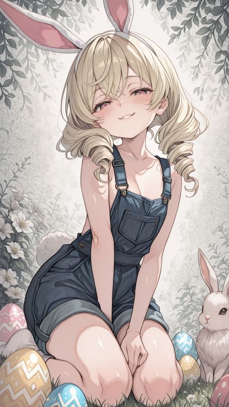 masterpiece, newest,absurdres,incredibly absurdres, best quality, amazing quality, very aesthetic, 
1girl,  flower background, easter egg, naughty face, blonde, (twin drills:1.4), overalls, bunny,
 <lora:rusetsuksr_style:1> rusetsuksr_illu, <lora:re4lity:1> re4lity_sync_illu