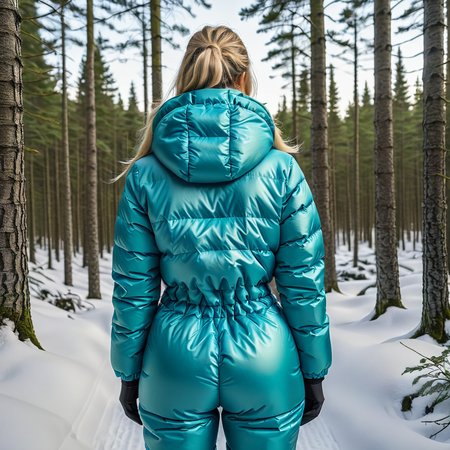 (rear shot)  one swedish 40 year old women wearing aDoodle-inspired illustrations    downsuit puffer_downsuit , hyperdetailed photography,4k textures,intricate details,4k resolution,  <lora:puffer_downsuit_v1:0.4> forest scene