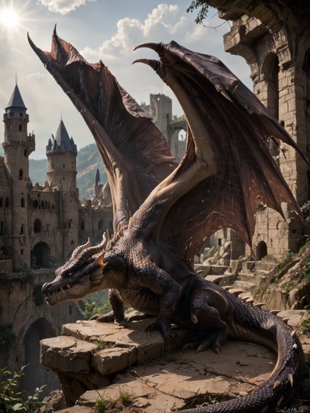 <lora:MH_Fatalis_a1_9_PonyXL:0.9>,score_9,score_8_up,score_7_up, nature photography, (rimlight:1.2)
sunlight, bloom, subsurface scattering, sharp hyper detailed, dramatic lighting, , (shiny metallic skin:1.2), (ultra-detailed small micro scales), bright highlights,
,fatalis,feral,by zackary911,by syuro,by hanuvo,solo,hi res,detailed background,ruins,castle, wings,curled up,side view,high angle
<lora:RM_Enhancer_v1.0_bf16:.1>  <lora:p:.2> <lora:Add_More_details_SD3:.5> ,