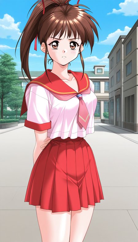 general,highres, game cg, ultra-detailed,very aesthetic,best quality ,best hands,  BREAK  <lora:Tanaka_Misa_IS:1>TanakaMisa, 1girl, brown hair,brown eyes, ponytail, long hair, breasts, hair ribbon, medium breasts, school uniform, serafuku, red skirt, pleated skirt,  frown,
solo, skirt, day, outdoors, looking at viewer, arms behind back, sky, building, cowboy shot, cloud, necktie, short sleeves, bangs, high ponytail, sailor collar.
1990s (style), takei masaki style,