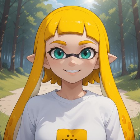 score_9, score_8, BREAK, solo, ssplatoon, inkling, female inkling, 1girl, tentacle hair, yellow hair, dark green eyes, cute, yellow eyebrows, white shirt, blue jeans, blue shoes, breasts, Bianca_(\OC_Inkling\), sexy pose, self portrait, smile, outdoors, sunlight, shadows, evening lighting, natural lighting, forest, trees, grass, orange sky, sunset