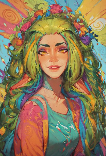 score_9, score_8_up, score_8, 1girl, smooth, highly detailed, green hair, perfect, high quality, yellow eyes, rainbow style, vibrant colors, vivid colors,