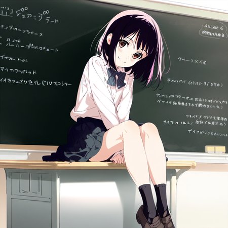 great quality,almic,(akakura,ogipote,sincos:0.7),1girl,solo,feet out of frame,black socks,loafers,legs,,girl sitting on desk,white shirt,skirt,v arms,smile,chalkboad,(white wall:0.7),indoors,