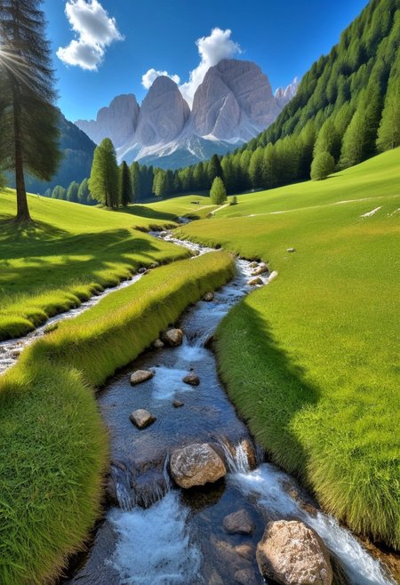 HDR photo of realistic photo,  <lora:Dolomites_-_World_Heritage:0.7> scenery, , outdoors, , sky, , cloud, , mountain, , grass,, dolomites,  forest, small stream . High dynamic range, vivid, rich details, clear shadows and highlights, realistic, intense, enhanced contrast, highly detailed