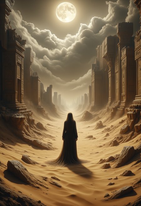 A vast, desolate desert stretches endlessly, where the golden sands shimmer with an almost unnatural glow under a haunting, clouded sky. The landscape is shaped by the relentless winds, which whip up shifting dunes that form and collapse in a mesmerizing yet unsettling rhythm. The sand feels alive, as though it holds secrets buried deep within, pulsating with subtle patterns that seem to trace forgotten paths. A spectral fog clings to the sand, swirling in an eerie dance, while ethereal, vaporous tendrils of mist rise from the ground, curling and dissipating in mid-air. The atmosphere is thick with a supernatural presence, the silence broken only by the soft, mournful sound of wind shifting over the vast expanse.
In the center of this arid wasteland stands an ancient ruin, half-buried in sand. Weathered, cracked stone columns jut from the earth like skeletal remains of a forgotten civilization, their surfaces etched with strange symbols and runes that faintly glow, casting ghostly light through the fog. The remnants of once-grand structures are twisted and crumbled, lost to time and the harsh elements, yet they seem to carry an unspoken weight, a dark memory of some long-forgotten ritual or battle. Where the sand has worn away, jagged, metallic fragments, half-rusted and glinting in the dim light, are exposedâsuggesting that this was once a place of both ancient magic and advanced technology.
At the heart of this eerie, sunless wasteland, a lone figure draped in dark, tattered robes stands still, watching the horizon with vacant, ghostly eyes. The figureâs form is ethereal, almost translucent, blending with the sand yet standing distinct amidst the decay. There is something haunting about her presence; the hollow expression on her face tells of countless ages spent wandering this forsaken world, a prisoner to its secrets. Her long, flowing hair, now tangled and entwined with sand and wind, seems almost to move with a life of its own, caught between the physical world and some intangible realm beyond. Her robes, tattered and torn, are interwoven with strange, glowing threads, like the last remnants of a forgotten power. As the fog swirls around her, the sands seem to shift, and the very ground beneath her feet groans with a low, mournful sound, as if the desert itself is alive.
Above, the sky is a dull, sickly color, its vast emptiness stretching without end. The air is thick, oppressive, with no sign of a rising sun, only the faintest glow from an unseen moon casting distorted shadows across the sand. The atmosphere is laden with the scent of decay and dust, every inch of the landscape feeling untouched, frozen in time by an unseen force. Strange, dark shapes move faintly in the distance, barely visible through the swirling fogâsilent and haunting, their movements just outside the realm of the known, as if watching, waiting for something.
The desert is alive with an uncanny, unsettling energy. The ground pulses faintly, the rhythm of the sands and mist creating a strange, hypnotic melody. The eeriness of the atmosphere heightens as time feels stretched and fragmented, like an endless loop that spirals into the void. This is a place forgotten by all but the wind, where time and memory are fractured and lost, and where the boundary between life and death, reality and the supernatural, is thin and fragile.
Captured in a hyper-realistic style, the scene exudes the cold, haunting beauty of an untouched, forgotten world, with intricate textures of sand, stone, and mist. Every detailâfrom the glowing symbols on the ruined columns to the eerie, distorted shadows cast by the figureâis designed to evoke a deep sense of mystery and unease. The sceneâs mood is amplified by the use of the Sand and Eerie atmosphere Loras, with every element infused with a chilling, otherworldly presence that feels both dreamlike and unnervingly real.
ral-sand, ral-ertmsphr, aidmaMJ6.1