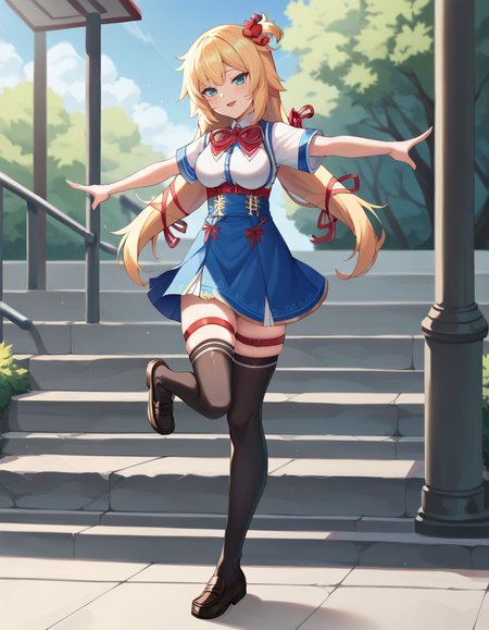 score_9, score_8_up, score_7_up, score_6_up, score_5_up, score_4_up, source_anime, anime screencap,  BREAK 1girl, solo, full body, outdoors, standing on one leg, 
<lora:Akai_Haato_Pony:1> akai_haato, long hair, blonde hair, white shirt, blue eyes, blue dress, short sleeves, red bow, ribbon, thighhighs, thigh strap, hair ornament, loafers,
