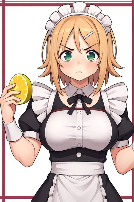 anime artwork, score_9, score_8_up, score_7_up, source_anime, BREAK, thick outline, fat outline,
Hanabi_XL, green eyes, short blonde hair, hairclip, large breasts, BREAK, maid outfit, REAK, (puffy cheeks:1.2), pout, angry, holding lemon, tears in eyes, cowboy shot,
<lora:Hanabi_XL:0.7>
<lora:PersonalAmi_PonyXL:0.5>