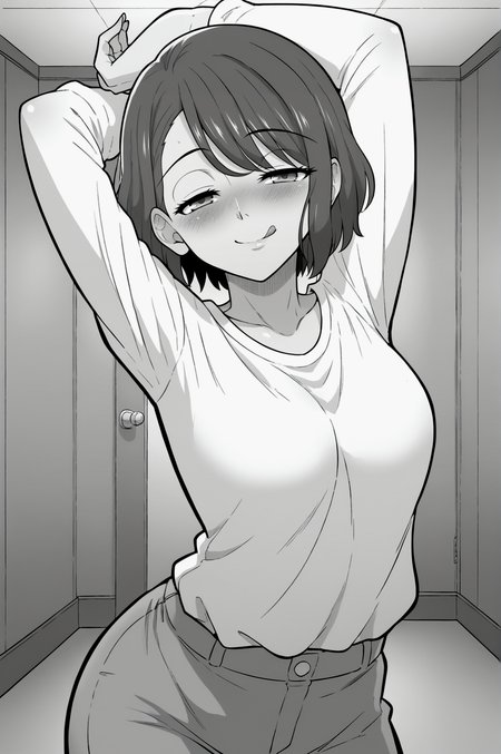 score_9, score_8_up, score_7_up, monochrome, manga_source, best background, detailed background, manga, grayscale  Mao, naughty face, horny, blush, indoors, naughty face, indoors, dancing, arms up, <lora:JN_Mao:0.8>