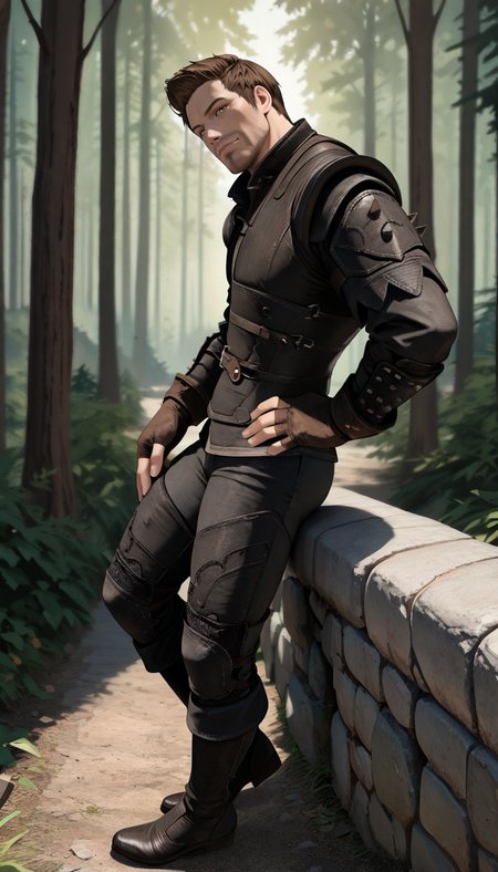 masterpiece, best quality, newest, perfect quality, best quality, detailed background, intricate details, male focus, solo, <lora:Skyrim Romance Mod - Bishop - Illustrious 2-000007:0.7>, srm_bishop, 1boy, mature male, brown hair, very short hair, yellow eyes, stubble, leather armor, fingerless gloves, pants, boots, sitting, on ground, forest, looking at viewer, head tilt, muscular, standing, from side, hand on own hip