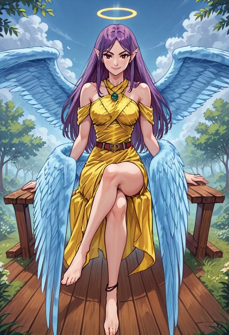 YGOWingW, 1girl, duel monster, angel, purple hair, long hair, red eyes, pointy ears, yellow dress, yellow scarf, belt, rings, blue gem, necklace, green gem, anklet, halo, wings, angel wings, multiple wings,
uncensored, score_9__up, score_9, score_8_up, score_8, score_7_up, score_7, score_6_up, score_6, score_5_up, source_anime, anime screencap, anime coloring, highres, Rating_safe, safe_pos
bare shoulder, breasts, bare feet, toes
smug, sitting, crossed legs, outdoors, 1girl, bench, trees, sky, clouds, sun, looking at viewer, day, forest