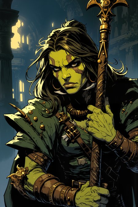 a tribal green skinned orc woman is resting on her long ornate staff. , detailed background  Fantastic lighting. Detailed shadows.intricate details, vivid colors, hyper-detailed, ultra-sharp, <lora:Ev_Ganin:0.4><lora:Vintage comic book:0.4><lora:RetroAnimeFluxV1:0.15><lora:Greg_Capullo_style:0.4><lora:jeanClaude_Mzires_Style_FLUX-000001:0.4><lora:Flux_Ink_Anime:0.4>