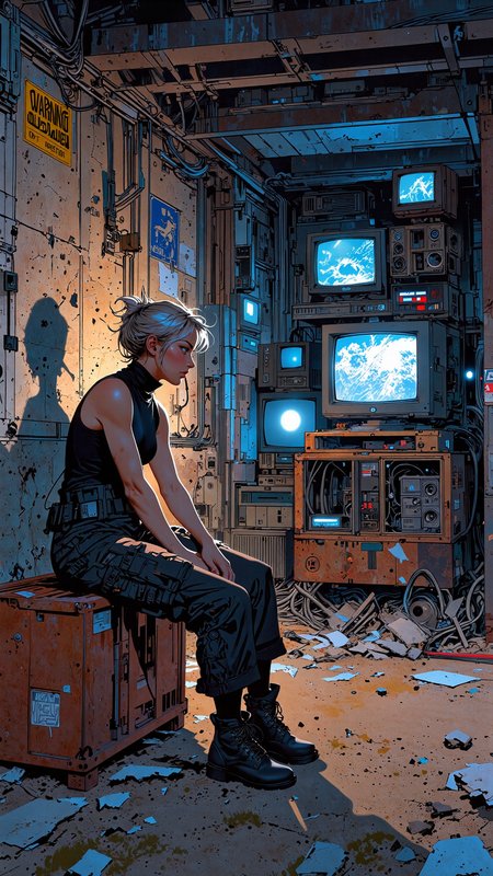 High-resolution semi-realistic illustration, bold graphic composition, deep blue-gray tones with warm artificial lighting. A young woman sits alone on a rusted metal crate inside an abandoned underground bunker, her silhouette illuminated by the flickering glow of old CRT monitors stacked haphazardly against the cracked concrete walls. Her short, silver-blonde hair is styled into a messy high ponytail, a few loose strands framing her sharp, thoughtful gaze. She wears a fitted, sleeveless turtleneck tucked into tactical-style cargo pants, heavy boots resting on the dusty floor. One hand rests on her knee. The air is thick with the scent of aged electronics and damp metal, cables snaking across the floor, old warning signs peeling from the walls. Painterly textures blend with cinematic lighting, creating an intense, mysterious, and dystopian atmosphere.   <lora:FluxMythV2:1.0> <lora:Anime_v1.3:1.2> <lora:car1ar1_cap_d6a3:1.0>
