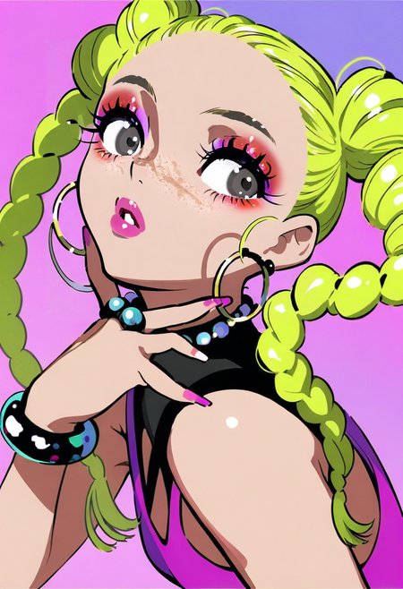 <lora:yoneyamaiXL_il_lokr_V53P1:0.95> 1girl, solo, braid, jewelry, green hair, earrings, twin braids, double bun, eyeshadow, makeup, pink nails, bracelet, hair bun, parted lips, sleeveless, long hair, freckles, looking at viewer, blonde hair, hoop earrings, shirt