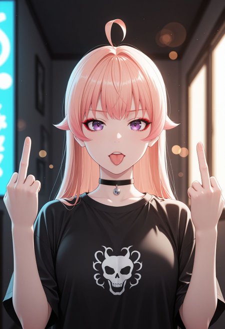 masterpiece,best quality,absurdres,highres,very aesthetic,high quality,detailed,insanely detailed,beautiful,perfect lighting, ,depth of field,blurry background,bokeh, looking at viewer,
black shirt, t-shirt, black choker, goth, eyeliner, eyeshadow double middle finger, tongue out,
 <lora:Wakatsuki Niko illu:1> 1girl, pink hair,ahoge, purple eyes, long hair, choker,