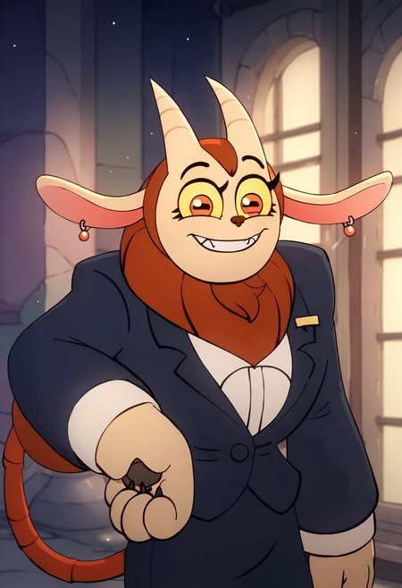 <lora:MaulieManticorePony1.0:1> maulie, horns, furry, solo, 1girl, earrings, animal ears, formal, suit, furry female, pencil skirt, red eyes, yellow sclera, tail, teeth, smile, fangs, score_9, score_8_up, score_7_up, score_6_up, score_5_up, score_4_up, looking at viewer, hand on own hip, cowboy shot,