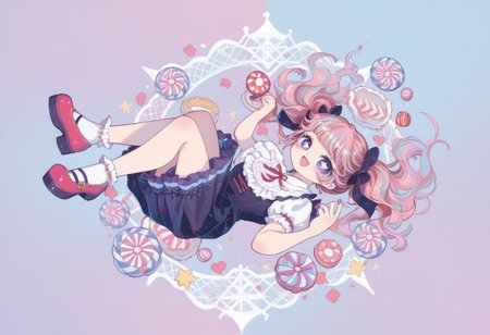 score_9, score_8_up, score_7_up,
masterpiece, best quality, detailed, amazing quality,
detailed background,
detailed eyes, clean eyes, 
dynamic pose, full body, happy,
solo, 1woman, woman,
easynegative, pastel colours, cute, candies, sweets, bow, ribbon, lolita_fashion,
best_falling