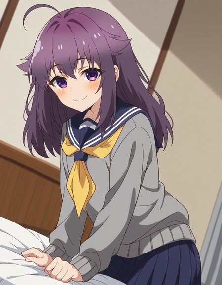 score_9, score_8_up, score_7_up, source_anime, <lora:anko-koshi-s1-ponyxl-lora-nochekaiser:1>, anko koshi, long hair, bangs, purple eyes, purple hair, ahoge, hair flaps,, skirt, long sleeves, school uniform, pleated skirt, serafuku, sailor collar, sweater, blue skirt, neckerchief, yellow neckerchief, grey sweater, indoors, bed, bed room, on side, blush, drunk,, smile, looking at viewer, smile, from side, solo,, cowboy shot, dutch angle