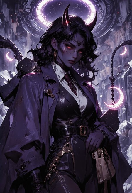 A female Tiefling with purple skin, red eyes, dark hair, pointed ears, and crimson tipped black horns. She wears a heavy purple and black robes like a trenchcoat, glasses, a suit, and teardrop earrings shaped like crescent moons. mythp0rt, An1meL1nes, Anime art, Legenddarkfantasy mode, animeniji