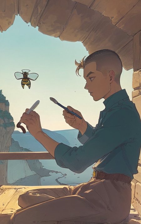 artwork <lora:Moebius:1>, outdoor at midday, 1man 35yo (LukÃ¡Å¡ DvoÅÃ¡k:1.3), Buzz Cut hair do a brush, cliffs, dormer window