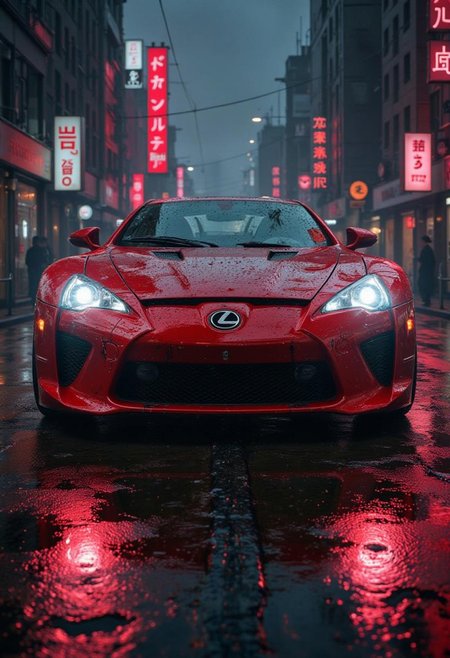 fisheye, wide shot, reflection on wet road, realistic illustration, white LED headlights, red futuristic supercar, LEXUS LFA, cockpit, drift, (Motion Blur:1.5), (Sound Effects:1.5), the artwork combines the following artistic styles: a sketched outline of the vehicle and the scenery, overlaid with vibrant splashes of watercolor to depict earth tones, night city, TOKYO cityscape, neon, dark, FluxBoost, incredible quality, 8k, wallpaper, absurd, The lighting is soft and natural, creating depth and atmosphere to the scene, cinematic angle, high-speed frame.
 <lora:Dieselcore:0.7> d1eselc0re <lora:Glitchcore_Flux:0.4> gl1tchc0re