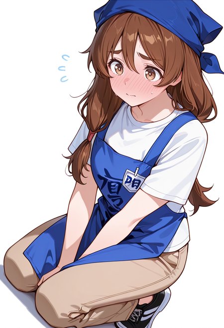 masterpiece,high quality details, absurdres,
 <lora:Natsuno_Yamada:0.8>
natsuno_cnr, 1girl, brown hair, long hair, hair between eyes, brown eyes, thick eyebrows,low-tied long hair,
employee uniform, white shirt, short sleeves,blue apron,brown pants, blue headwear,black sneakers, clothes writing,, simple background, white background, sideways,solo,, worried,full-face blush,, determined expression,relaxed hands,kneeling on floor,