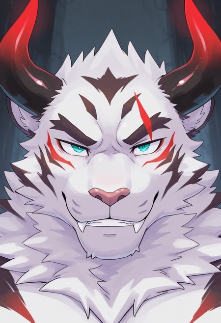 masterpiece,best quality,amazing quality, 1boy, solo, WhiteTiger, black horn with red tip, demon horn, furry, close up, side angle, smirk,