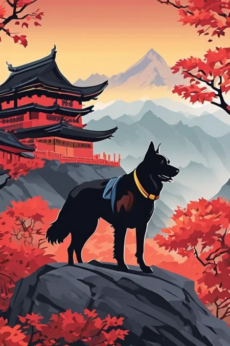 flvcil10 style <lora:style_10_pattern_heavy_l2-x_flvcil10_style:1>, dog  standing, 
ninja, good,
Cliffside monastery and misty mountain backdrop, 
high quality, masterpiece, highres,