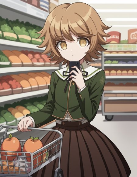 score_9, score_8_up, score_7_up, source_anime, <lora:chihiro-fujisaki-s1-ponyxl-lora-nochekaiser:1>, chihiro fujisaki, short hair, bangs, brown hair, brown eyes, male focus, otoko no ko,, skirt, shirt, long sleeves, ribbon, school uniform, jacket, pleated skirt, black ribbon, neck ribbon, brown skirt, green jacket,, grocery store, shopping cart, picking fruits, everyday life, , , looking at viewer, arm holding a phone, solo,, cowboy shot, dutch angle