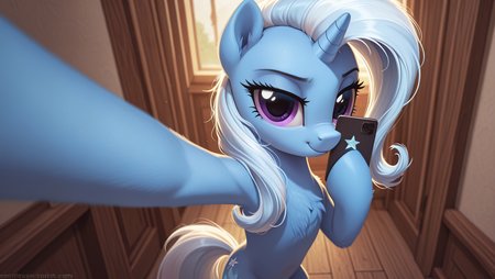 resolution,masterpiece,high resolution,my little pony,friendship is magic resolution,masterpiece,high resolution,solo,wild,pony,woman,on a small tower,taking a selfie,conductor smartphone, Trixie pony, blue body, violet eyes,
long, wavy mane and tail are silver-white with blue inserts, the mane is neatly laid,  <lora:Trixie:1>