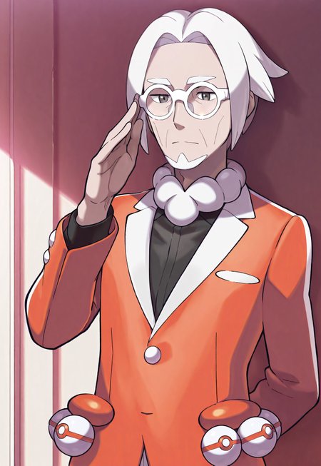 safe_pos, solo, masterpiece, detailed, uwa, huge filesize, ultra hd, best quality, (absurdres, highres), 1boy, official art, bright, male

PokeClavell, white hair, facial hair, glasses, orange jacket, black shirt, white poke ball, school,